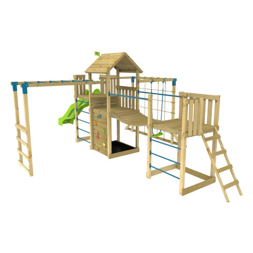The TP Toys Skywood Wooden Tower Climbing Frame features a Super Wavy Slide, Sky Deck, Monkey Bars, Skyline with Swing Seat, extra play tower, and is FSC® certified. Shown on a white background.