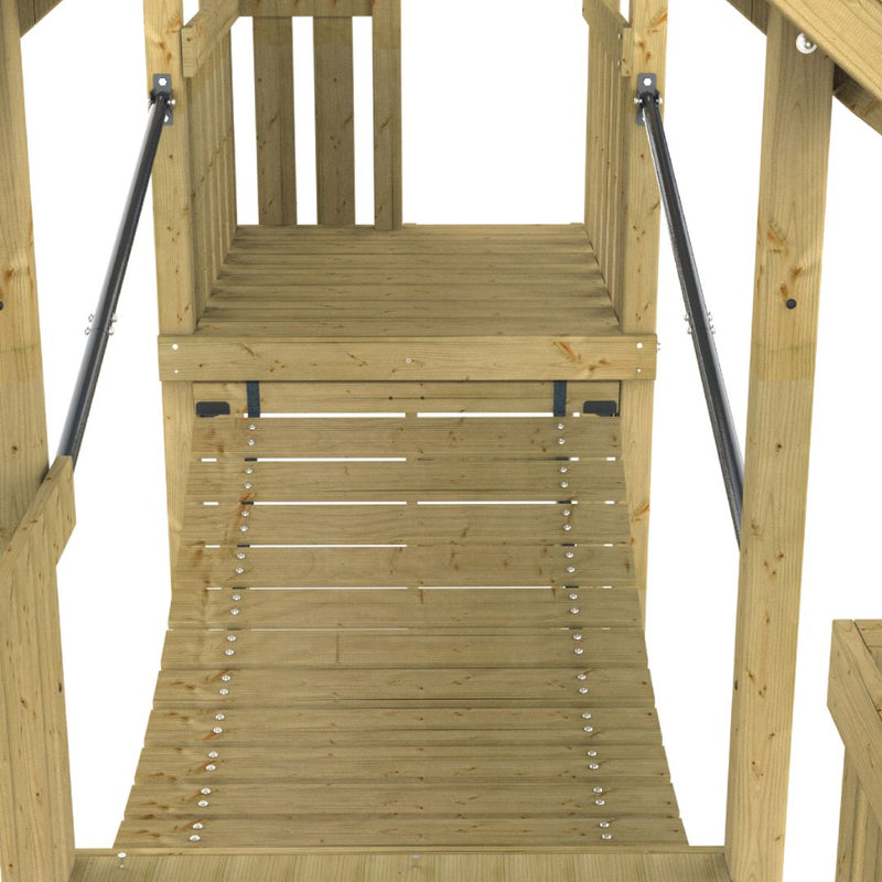 The TP Skywood Wooden Clatter Bridge by TP Toys features horizontal support rails, slatted surface, and vertical end posts. Perfect for modular climbing frames and crafted from FSC® certified wood.
