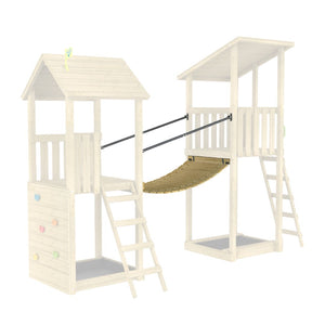 The TP Skywood Wooden Clatter Bridge by TP Toys connects two FSC® certified modular climbing frames, each with a ladder and one with a small climbing wall.