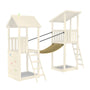 The TP Skywood Wooden Clatter Bridge by TP Toys connects two FSC® certified modular climbing frames, each with a ladder and one with a small climbing wall.