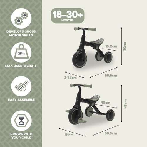 Infographic of the Zoomee Balance Bike to Trike by TP Toys in black and green, showing dimensions, features for ages 18–30+ months, adjustable size, 25kg weight limit, and child development benefits like improved gross motor skills.