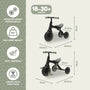 Infographic of the Zoomee Balance Bike to Trike by TP Toys in black and green, showing dimensions, features for ages 18–30+ months, adjustable size, 25kg weight limit, and child development benefits like improved gross motor skills.