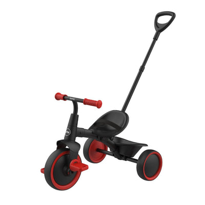 The TP Toys Zoomee 2 in 1 Trike – Firecracker is a black and red kids trike with an adjustable parent handle and rear bucket—perfect as an early fun tricycle.