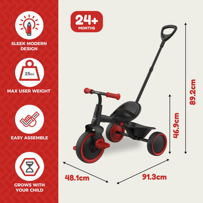 The Zoomee 2 in 1 Trike – Firecracker by TP Toys is a sleek black and red trike for kids aged 24+ months (max weight 25kg), with an adjustable parent handle. Easy to assemble, it grows with your child and features a stylish, modern design.