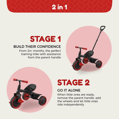 The TP Toys Zoomee 2 in 1 Trike – Firecracker transitions from parent-guided rides with an adjustable handle to a classic trike, letting kids enjoy independent fun.