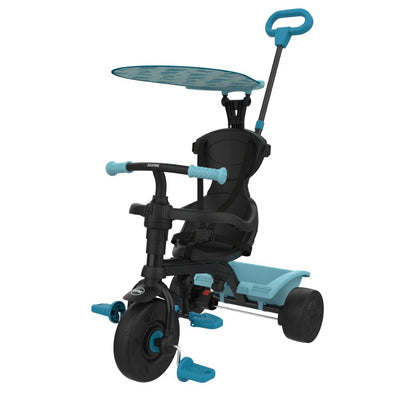 The TP Toys Zoomee 4 in 1 Trike - Dino Discovery is a black and blue kids’ trike with dinosaur print, adjustable UV sunshade, push handle, footrests, and a rear storage platform.