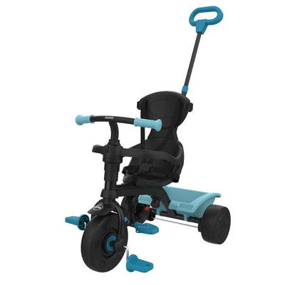 The TP Toys Zoomee 4 in 1 Trike - Dino Discovery is a black and blue childrens trike with a handlebar, footrests, rear push handle for adults, and a fun dinosaur print.