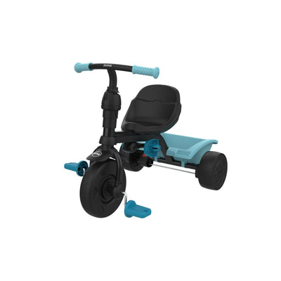 The TP Toys Zoomee 4 in 1 Trike - Dino Discovery features a black frame, blue handlebars and pedals, rear storage tray, and playful dinosaur print; shown on a white background.