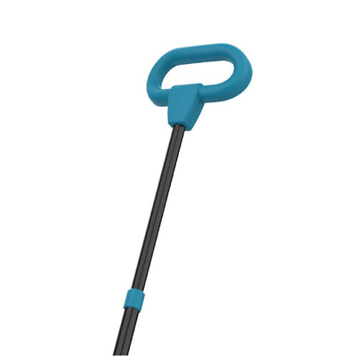 A black pole with a blue plastic handle, shown on a white background—ideal as a replacement part for your TP Toys Zoomee 4 in 1 Trike - Dino Discovery.