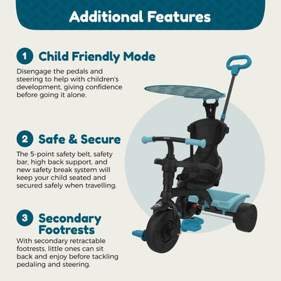 The TP Toys Zoomee 4 in 1 Trike - Dino Discovery features safety elements like a 5-point harness, retractable footrests, adjustable push handle, and UV sunshade, shown with labeled descriptions of its key functions.