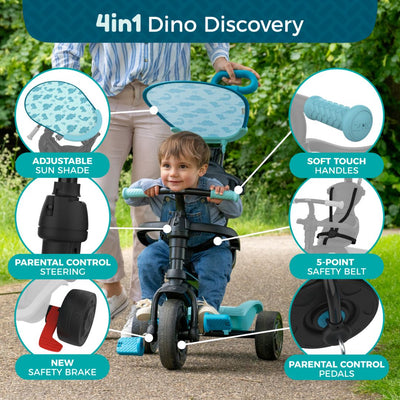 A young child rides the TP Toys Zoomee 4 in 1 Trike - Dino Discovery, featuring a dinosaur print, adjustable UV sunshade, steering, brake, soft handles, safety belt, and parental control pedals.