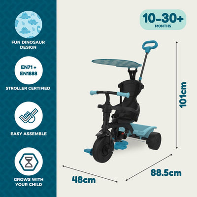 The TP Toys Zoomee 4 in 1 Trike - Dino Discovery features a blue dinosaur print, adjustable UV sunshade, and push handle. Dimensions: 101cm (H) x 88.5cm (L) x 48cm (W). Suitable for ages 10–30+ months.