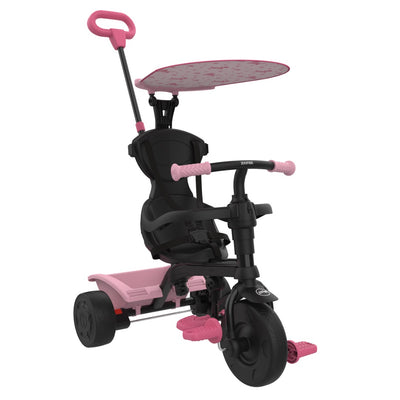 The TP Toys Zoomee 4 in 1 Trike - Unicorn Dream is a black and pink stroller-certified trike with handlebar, sunshade, and safety seat, perfect for toddlers who want safe rides in style.