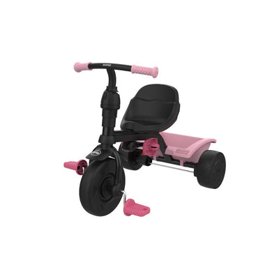 The Zoomee 4 in 1 Trike - Unicorn Dream by TP Toys features a black and pink design with a large front wheel, two rear wheels, pedals, plastic seat, and adjustable UV sunshade—ideal for adventurous growing kids.