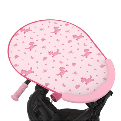 The Zoomee 4 in 1 Trike - Unicorn Dream by TP Toys is a pink child’s trike with a unicorn print seat cover and an adjustable UV sunshade, perfect for sunny adventures.