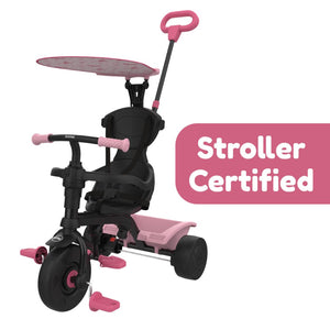 The Zoomee 4 in 1 Trike - Unicorn Dream by TP Toys features black and pink colors, sunshade, handlebar, footrests, and a “Stroller Certified” label—ideal as your child’s first unicorn trike!.