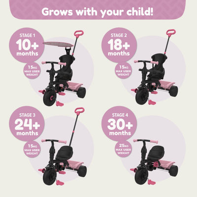 The TP Toys Zoomee 4 in 1 Trike - Unicorn Dream features four stages for ages 10 to 30+ months, with a unicorn print, adjustable UV sunshade, and seat and handlebar adjustments for growing children.