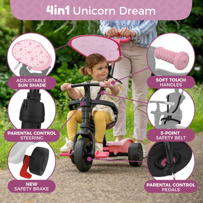 A young child rides the TP Toys Zoomee 4 in 1 Trike - Unicorn Dream, featuring a unicorn sunshade, safety belt, parental steering, safety brake, soft handles, adjustable UV cover, and control pedals while an adult guides them.
