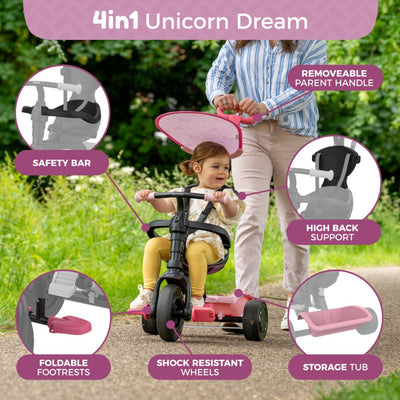 A toddler enjoys the TP Toys Zoomee 4 in 1 Trike - Unicorn Dream, featuring a safety bar, high back support, adjustable UV sunshade, foldable footrests, shock resistant wheels, storage tub, and parent handle for guided rides.