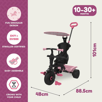The Zoomee 4 in 1 Trike - Unicorn Dream by TP Toys features a pink and black design with unicorn print, adjustable UV sunshade, handle, and footrests. Size: 48 x 88.5 x 101cm. For ages 10-30+ months. Features listed on the left.