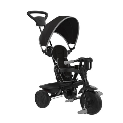 The TP Toys Zoomee 4 in 1 Deluxe Trike - Grey Storm features a stroller-certified design, canopy, rear handlebar for adult steering, safety harness, and footrests.