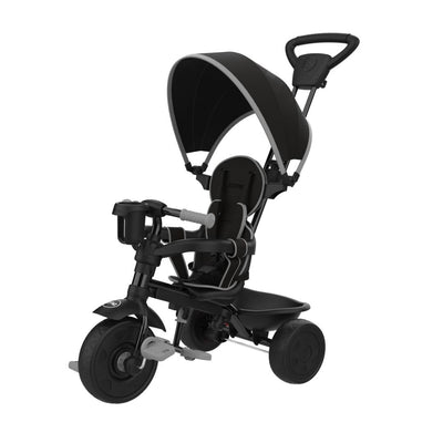 The TP Toys Zoomee 4 in 1 Deluxe Trike - Grey Storm features a canopy, rear handlebar for adult control, cup holder, adjustable seat, and footrests—ideal as a toddler trike for young children.