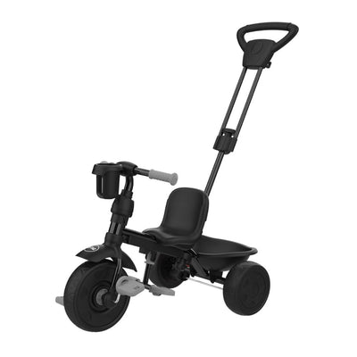 The TP Toys Zoomee 4 in 1 Deluxe Trike - Grey Storm features a rear handle for adult control, gray pedals and grips, front cup holder, adjustable seat, and rear storage—an ideal versatile tricycle for toddlers.