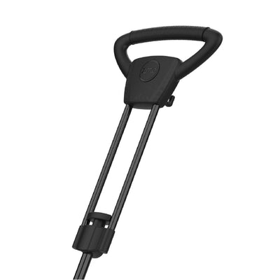 Close-up of the black handle and upper frame of the Zoomee 4 in 1 Deluxe Trike - Grey Storm by TP Toys, showing its sturdy grip and support rods, similar in robust design to those on a deluxe push lawn mower.