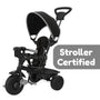 The Zoomee 4 in 1 Deluxe Trike - Grey Storm by TP Toys features a canopy, push handle, footrests, and a secure 5-point harness. "Stroller Certified" is shown beside the tricycle on a gray background.