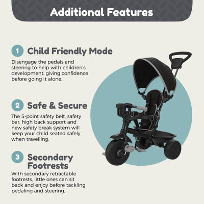 The TP Toys Zoomee 4 in 1 Deluxe Trike - Grey Storm features an adjustable seat, child-friendly mode, secure seatbelt system, retractable footrests, and a sunshade for safe toddler rides.
