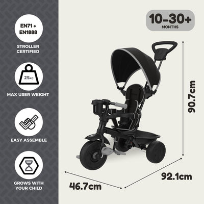 The TP Toys Zoomee 4 in 1 Deluxe Trike - Grey Storm features an adjustable seat and canopy. Dimensions: 92.1 x 46.7 x 90.7 cm. Includes icons for safety certification, weight limit, assembly, and age range.