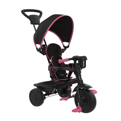 The Zoomee 4 in 1 Deluxe Trike - Pink Dusk by TP Toys is a pink and black stroller-certified trike with a sun canopy, rear handle, footrests, and a 5-point safety harness.