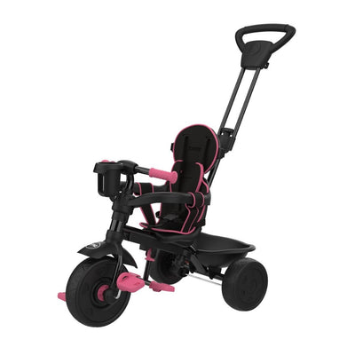 The TP Toys Zoomee 4 in 1 Deluxe Trike - Pink Dusk features a seat belt, backrest, push handle, front basket, and rear tray—ideal for safe and stylish toddler rides.