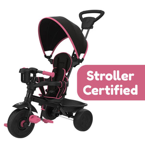 The Zoomee 4 in 1 Deluxe Trike - Pink Dusk by TP Toys is shown with a canopy, push handle, and footrests, and features a "Stroller Certified" label on the image's right side.