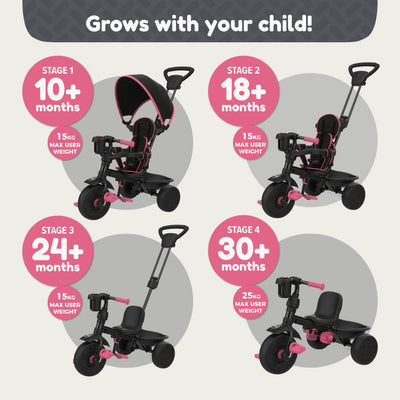 The TP Toys Zoomee 4 in 1 Deluxe Trike - Pink Dusk adapts from 10+ to 30+ months, offering four stages to grow with your child. It easily adjusts for toddlers of different sizes and supports each stage of their development.
