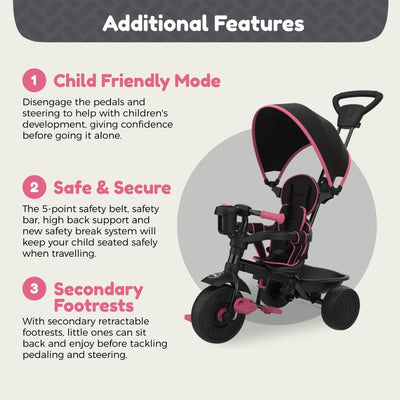 The Zoomee 4 in 1 Deluxe Trike - Pink Dusk by TP Toys is shown, highlighting features such as child friendly mode, safe and secure design, and secondary footrests.