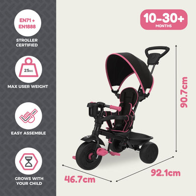 The TP Toys Zoomee 4 in 1 Deluxe Trike - Pink Dusk features a black and pink design, canopy, adjustable handle, and footrest. Sized 92.1×46.7×90.7 cm, its ideal for ages 10–30+ months and supports up to 25 kg.