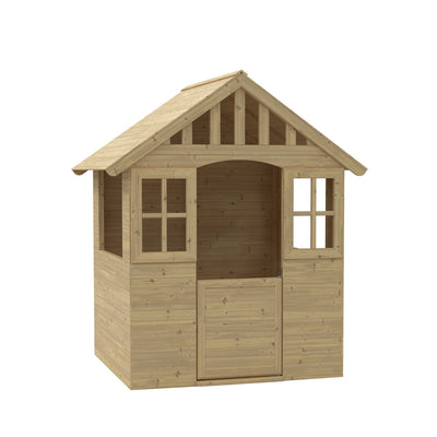 The TP Toys Dandelion Cottage Wooden Playhouse - FSC® certified features a pitched roof, two windows, and a door—ideal for imaginative play, shown against a white background.