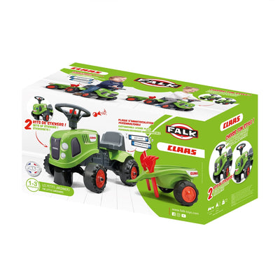Box packaging for the Falk Claas Baby Tractor by TP Toys, designed for ages 1-3, featuring a green and red ride-on with trailer, product images, and bold TP Toys branding.
