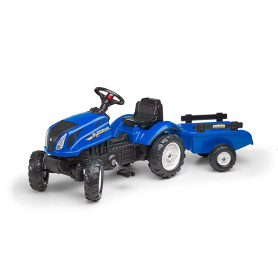 The TP Toys Falk New Holland Tractor with Trailer and Opening Bonnet is a blue pedal tractor with black wheels and a matching detachable trailer, shown on a white background—ideal for young farm fans.