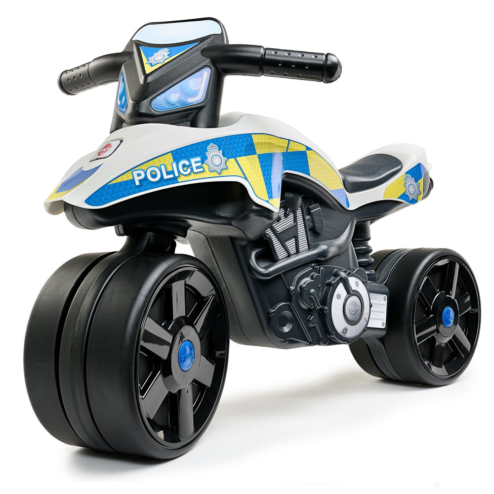 The Falk Police Bike Ride On by TP Toys features wide wheels, blue and yellow decals, and POLICE on the side—a perfect childrens bike for imaginative police adventures.