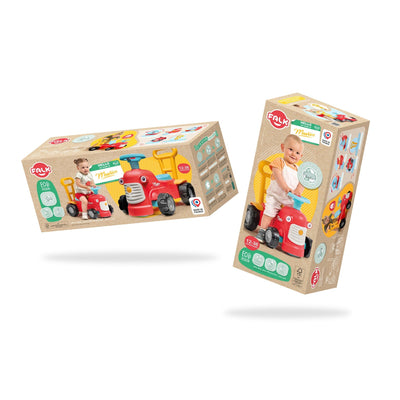 Two boxes of TP Toys Falk Maurice Vintage Baby Red Tractor, a red ride-on with a walking aid bar to support toddlers learning to walk. The packaging shows a smiling child riding the toy and features detailed product info.