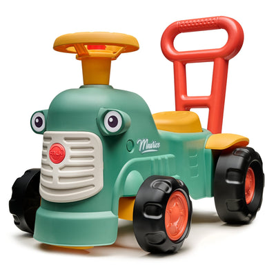 The TP Toys Falk Maurice Vintage Baby Green Tractor is a recycled plastic ride-on for children with a rear walking aid bar and large black wheels.