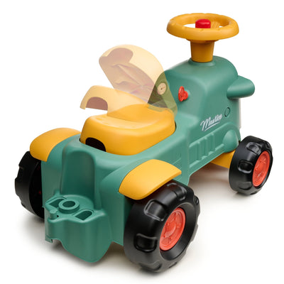 The TP Toys Falk Maurice Vintage Baby Green Tractor is a ride-on with black and red wheels, a yellow steering wheel, hinged lift-up seat, and walking aid bar—ideal for little ones learning to walk.