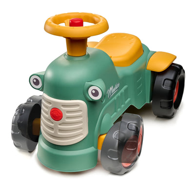 The TP Toys Falk Maurice Vintage Baby Green Tractor is a recycled plastic ride-on with a steering wheel, four black wheels, cartoon eyes on the front, and a walking aid bar—ideal for little ones learning to walk.