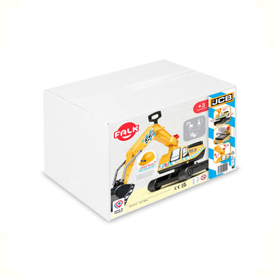 A white box displays a Falk JCB Fully Articulated Digger with Opening Seat and Helmet by TP Toys, featuring the JCB logo, age 3+ label, articulated arm, and images showing kids construction role play on the side.