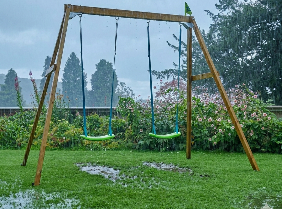 A forest wooden swing set in the rain