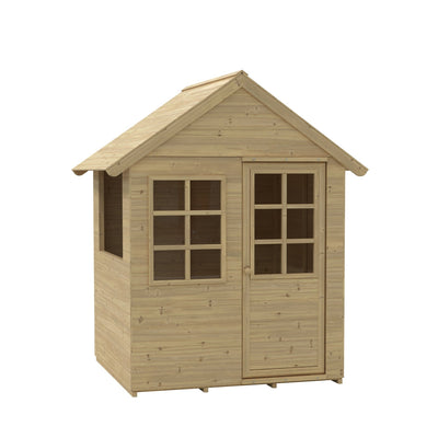 The TP Toys Foxglove Cottage Wooden Playhouse – FSC® certified – features a pitched roof, single door with window, and two side windows. Made from light-colored panels, it’s perfect for imaginative outdoor play.