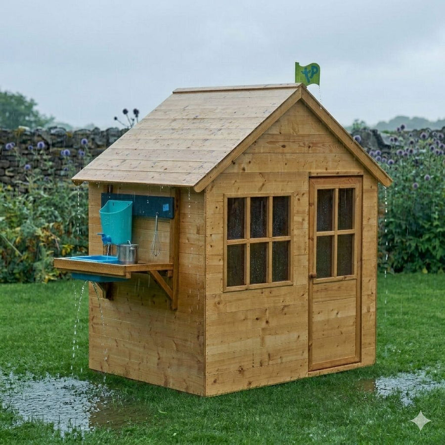 Hideaway wooden playhouse in the rain AI generated