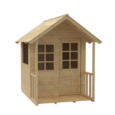 The Lavender Cottage Wooden Playhouse by TP Toys features a peaked roof, front porch, door with window panes, and side windows—crafted from FSC® certified wood—to inspire imaginative play in any yard.